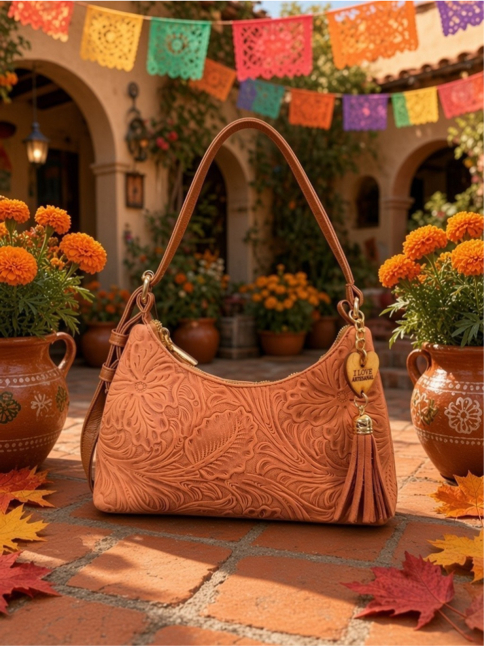 Peachy Terracota Floral Embossed Tooled Artisan LEATHER Shoulder Bag Purse